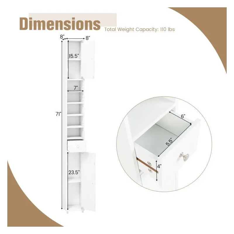 Freestanding Slim Wood Minimalist Bathroom Cabinet Painted Finish 12-Inch Width