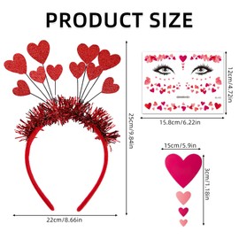 Heart Headband Glitter Headband, Heart Face Sticker Face Tattoos, Red Hearts Headband Children Girls Hair Band Hair Accessories for Valentine's Day Wedding Birthday Festival Party
