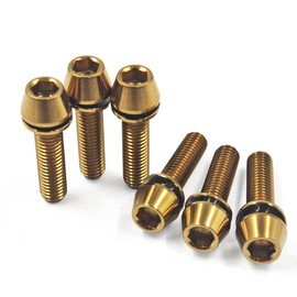 6 Pcs Titanium Stem Bolt Kit, Allen Hex M5x16mm 18mm 20mm Tapered Head Screws with Washer for Bicycle Stem Parts (Gold, M5x16mm)