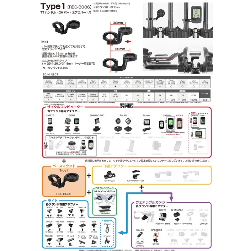 REC-MOUNTS(レックマウント) Type1 Garmin マウント (TTハンドルバー用, ベースのみ)(036-GM)