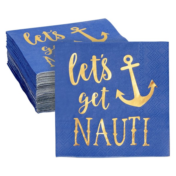 Juvale 50 Pack Gold Foil Let's Get Nauti Napkins 5 x 5 Inches, 3 Ply