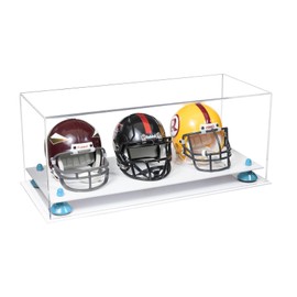 Better Display Cases Acrylic Three Mini - Miniature Football Helmets (not Full Size) Display Case with Clear Case, Light Blue Risers and White Base 19.25" x 8.25" x 8" (V47/A103)