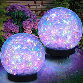ASOMST 2-Pack Garden Solar Lights Outdoor, Colored Cracked Glass Ball Light Waterproof, Decorative Solar Globe Lights Multicolor for Yard Pathway