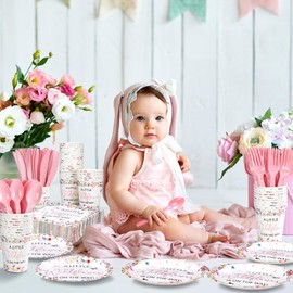 Dandat 350 Pcs Baby Shower Plates Set Baby Shower Party Supplies Serves 50 Tableware Sets Include Plates Napkin Cup Forks Knives Spoons Disposable Dinnerware(Wildflower,Pink)