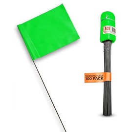 Paquete de 100 banderas de marcado verdes - Bandera de 4 x 5 pulgadas en alambre de acero de 15 pulgadas - Banderas de marcador para riego, banderas de aspersión, banderas de césped, banderas de patio, banderas de jardín