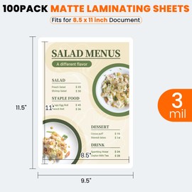 CAREGY Matte Laminating Sheets,100 Pack 9 x 11.5 Inches,3 Mil Thick,Ultra Clear with Matte Finish, Fitted for Letter Size Thermal Laminating Pouches 8.5 x 11