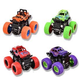 Monster Trucks para niños, paquete de 4 vehículos de tracción para niños pequeños, rotación de 360°, 4 ruedas, autos de fricción duraderos, juguetes para empujar y llevar, regalo para niños y niñas de
