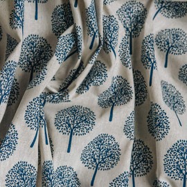 Navy Blue Tree Print on Natural Beige Cotton & Linen Light Canvas Mix Woven Fabric (50cm Piece - Full Width)