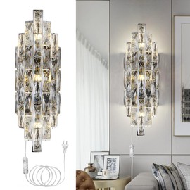 Kaiyuan Modern Plug in Wall Sconce Crystal Wall Sconces Indoor Wall Lamp for Bedroom Chrome Light Fixture with Plug in Switch Vanity Wall Mount Lamps for Living Room Bedroom Bathroom Bedside Hallway