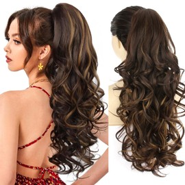 PORSMEER Ponytail with Clip, Claw Clip-In Hair Extensions, Claw Long Curly Wavy Ponytail, Jaw Clip on Hairpiece for Women, 26 Inches (Dark Brown with Highlights)