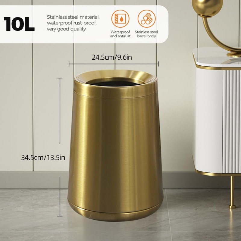 LEASYLIFE 10L/2.6GAL Brushed Gold Trash Can,Stainless Steel Trash Can,Conical Garbage