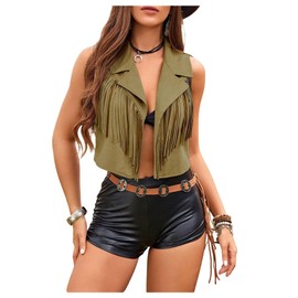 BEAUDRM Women's Tassel Vest 70s Hippie Faux Jacket Open Front Fringe Sleeveless Crop Vest Cowgirl Outfit Green Large