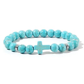 Lava Volcanic Stone Beaded Turquoise Cross Stretch Bracelet 8MM Natural Stone Healing Cross Religious Christian Prayer Elastic Bracelets for Women Men Good Luck Protection Amulet Jewelry Gifts (Blue)