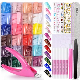 Tsmaddts Long Coffin Press on Nails Set, 24 Colors Ballerina Coffin Fake Nails w