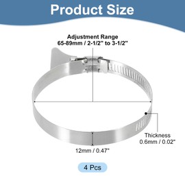 sourcing map 4Pcs Stainless Steel Hose Clamps Worm Gear Hose Clamp, 65-89mm (2-1/2"to 3-1/2") Adjustable Thumb Screw Key Type Clamps Fuel Line Clamps 12mm Bandwidth for Plumbing, Automotive