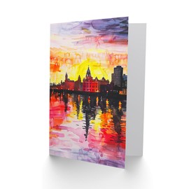 Artery8 Greeting Card Vibrant Liverpool City Waterfront Sunset Painting Blank For Him Or Her Art Birthday Card