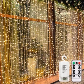echosari 300 LED Curtain Lights Battery Operated, 9.8ft×9.8ft Hanging Lights with Remote Timer Outdoor Curtain Window Lights for Bedroom Patio Wedding Backdrop Christmas Party Decór (Warm White)
