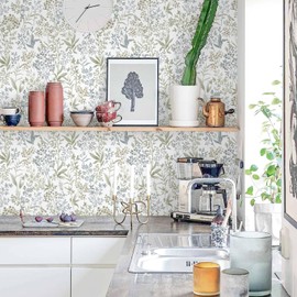 Cohoo Home Green White Peel and Stick Wallpaper Boho Green Floral Contact Paper for Cabinets Drawers 17.3inW 393inL Greenery Leaf Self-Adhesive Removable Wallpaper Bedroom Bathroom Waterproof Neutral