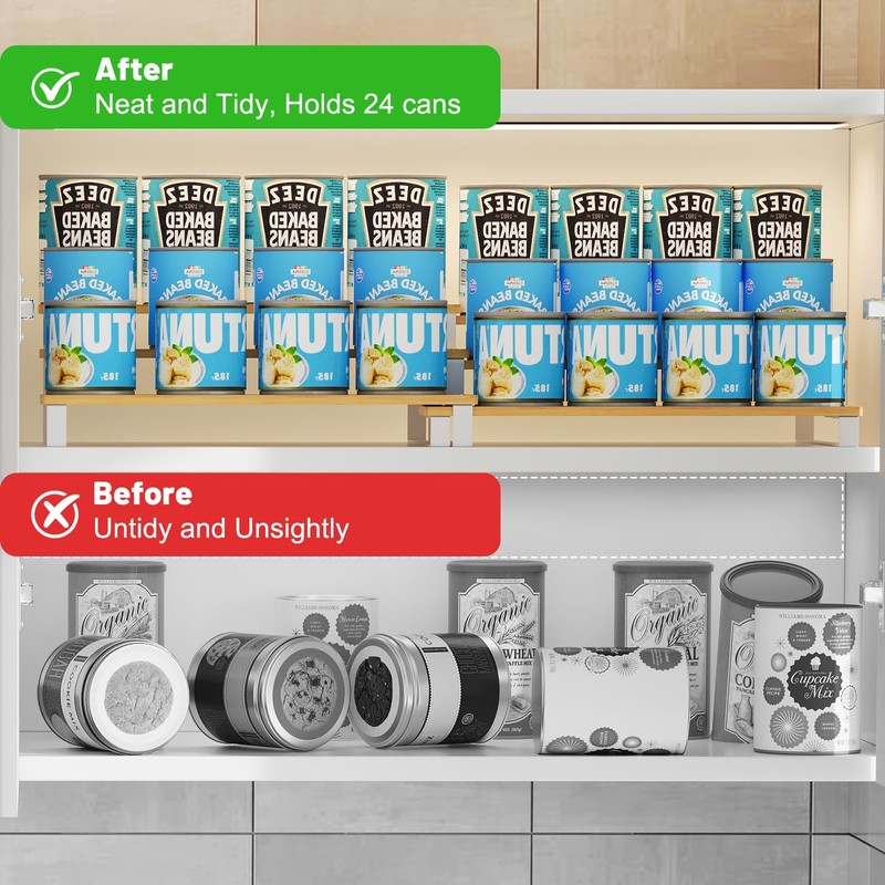 Expandable Can Organizer for Pantry, 3-Tier Adjustable Bamboo & Iron
