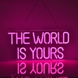 17" by 8" inch LED Neon Pink The World is Yours Dimmable Light Switch Wall Sign for Cool Light, Wall Art, Bedroom Decorations, Home Accessories, Party, and Holiday Decor