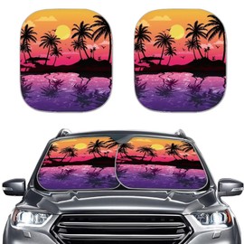 Coldinair Sunset Front Windshield Shade 2Pcs Sunshade for Car Windshield Folding Car Accessories for Truck SUV Sun Visor Protector, Tropical Palm Tree on Beach Car Sunshade, Hawaiin, Medium