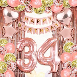 ROTASLOG 34th Birthday Decorations for Her: Rose Gold '34' Balloons, Banner, Foil Hearts, Gold Confetti, Curtains & Ribbon