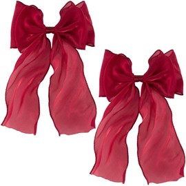 STSTR 2Pcs Large Hair Bow Clips, Silk Yarn Ribbon Bow Hair Barrette for Women, Elegant Long Tail Bowknot French Hair Accessories for Wedding, Parties, Festivals (Red)