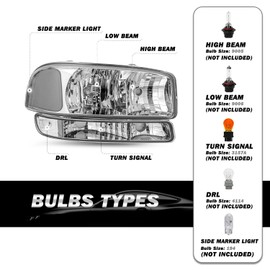 SOCKIR 4PCS Headlight Assembly Fit For 99-06 GMC Sierra 1500 2500 3500/00-06 GMC Yukon Headlight Assembly + Park/Signal Headlamp LH+RH (Chrome Housing with Clear Reflector)