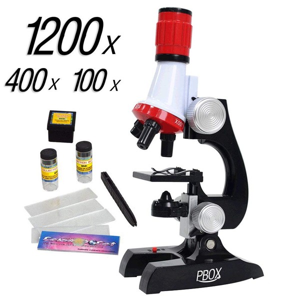 Science Kits for Kids Microscope Beginner Microscope Kit LED 100X, 400x, and 1200x Magnification Kids Science Toys,red