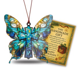 Butterfly Religious Cross Christmas Ornament, Suncatcher Effect Style Cross Design, Beautiful Butterfly Ornaments for Christmas Tree, Elegant Ornament Gift for Nature Lovers, Women, Spiritual Decor