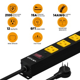 12 Outlet Long Power Strip, 2100 Joules Surge Protector, 6FT Power Cord, Wide Spaced Outlet Power Bar, Overload Protection Switch, Industrial Heavy Duty for Work Bench, Shop, Garage…