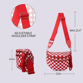 Checkered Bum Bags for Women Nylon Crossbody Bag Large Fanny Pack Oversized Slouchy Belt Bag Spacious Checkered Purse with Adjustable Shoulder Strap,Red