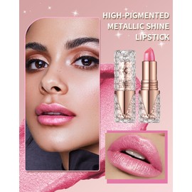 Glitter Metallic Shimmer Coral Nude Pink Lipstick Long Lasting,Diamond High Pigmented Red Metallic Matte Liquid Lipstick Non-stick Lip Gloss,Transferproof Lip Color Lip Stick Makeup for Women-02