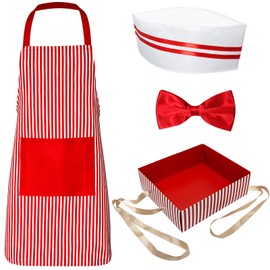 Waiter Costume Kit 4 Pcs Fast Food Soda Jerk Hot Dog Vendor Popcorn Costume Women Men Adult,1950s Soda Jerk Hat, Red White Striped Apron with Pockets, Bow Ties Snack Tray Cosplay Party