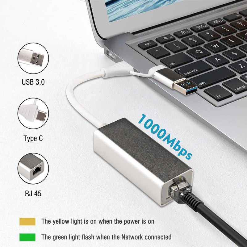 Leehitech 1000 Mbit/s USB C Ethernet Adapter, Type C/USB3.0 Two