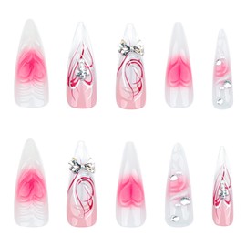 MERVF Stiletto Press on Nails Extra Long Fake Nails Red Gradient Glue on Nails Heart Press ons with 3D Bow Rhinestones Design Almond Acrylic Goth Valentines False Nails for Women Glossy 24pcs