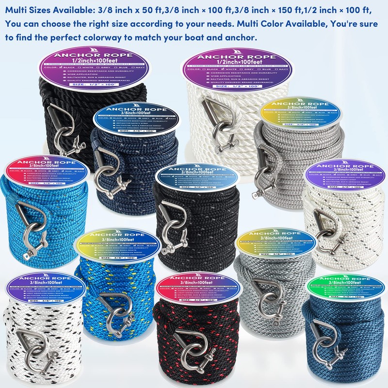 Premium Anchor Rope 50 ft x 3/8 inch, Solid Braid