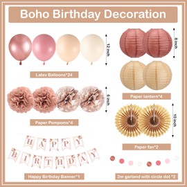 Champagne Pink Birthday Party Decorations for Women Girls Boho Happy Birthday Banner Beige Neutral Rustic Paper Lanterns Tissue Pom Poms Flower Fan Foil Balloons Party Supples