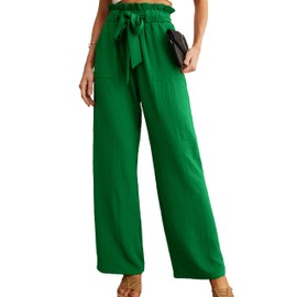 IWOLLENCE Women's Wide Leg Pants with Pockets High Waist Adjustable Knot Loose Casual Trousers Business Work Casual Pants Dark Green X-Large