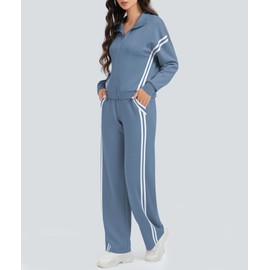 Casly Lamiit 2 Piece Sweat Sets for Women 2025 Trendy Spring Lounge Outfits Stripe Track Suit Sweatshirt Sweatpants Travel Athletic Clothing Grey Blue XL