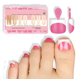 NOVO OVO Extra Short Toe Nail Tips White French Tip ROSE PINK Sharp Square Press On, Soft Gel False Fake Toenail Extension Kit, Need Apply Top Coat Buider Gel Nail Glue, Salon DIY x 16 Sizes 224 Pcs