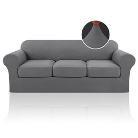 PrinceDeco Stretch 4 Pieces Couch Cover, Base Cover Plus 3 Seat Cushion Covers Furniture Protector with Elastic Bottom Thick Furniture Covers for Dogs Pets, Sofa, Grey