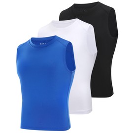 Poekuao 3 Pack Boys Sleeveless Compression Shirt Kids Workout Base Layer Tank Tops Youth Comfortable Undershirt for Football Black/White/Royal Blue XL