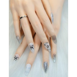 Duotaoii Almond Press On Nails Fake Nails Handmade False Nails White Bow Flower Hand-Painted Nail Charms With Designs,Acrylic Nail Kit Gel Nails,Reusable Stick on Nails for Women 10pcs M