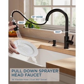 dearocean Kitchen Faucet with Pull Down Sprayer, Black High Arc Stainless Steel Classic Sink Faucet, Single Handle with Deck Plate for 1 or 3 Hole Sinks for RV Bar Laundry Farmhouse
