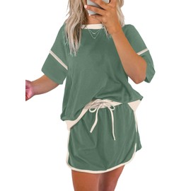 EVALESS Women's Two Piece Sets Summer Outfits 2025 Trendy Loose Fit Short Sleeve Tops Matching Elastic High Waist Short Skirt Ladies Tracksuit Loungewear Set Comfy Work Casual Clothes Green Small