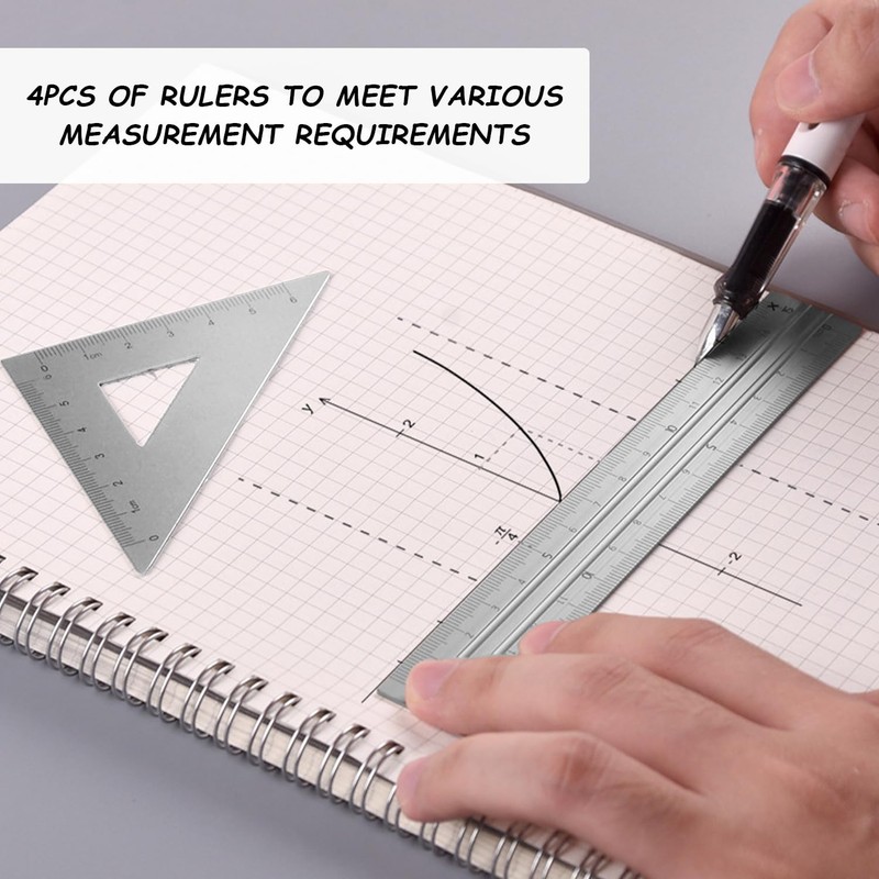 8-Piece Metal Ruler Set, Drawing Ruler Set, Ruler, Protractor, Set