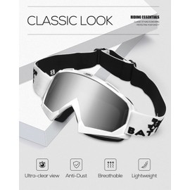 BATFOX Motorcycle ATV Goggles Dirt Bike Motocross Safety ATV Tactical Riding Motorbike Glasses Goggles for Men Women Youth Fit Over Glasses UV400 Protection Shatterproof (White Silver)
