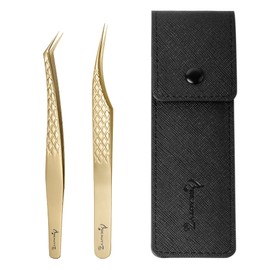Beauty7 2 x Professional Tweezers Stainless Steel Eyelash Extension Tweezers Eyelash Tweezers Straight Curved Tip Precision Tweezers with Case in Gold Multi-Way