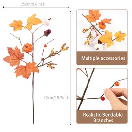 8PCS Fall Stems for Vases with Berry, 16'' Yellow Orange Red Maple Leaves Pumpkin Floral Picks Fall Branches Decorations for Autumn Harvest Wedding Thanksgiving Holiday Home Arrangement Indoor Decor